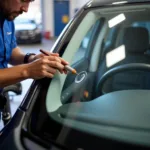 Close-up of a car window chip being repaired in Falkirk