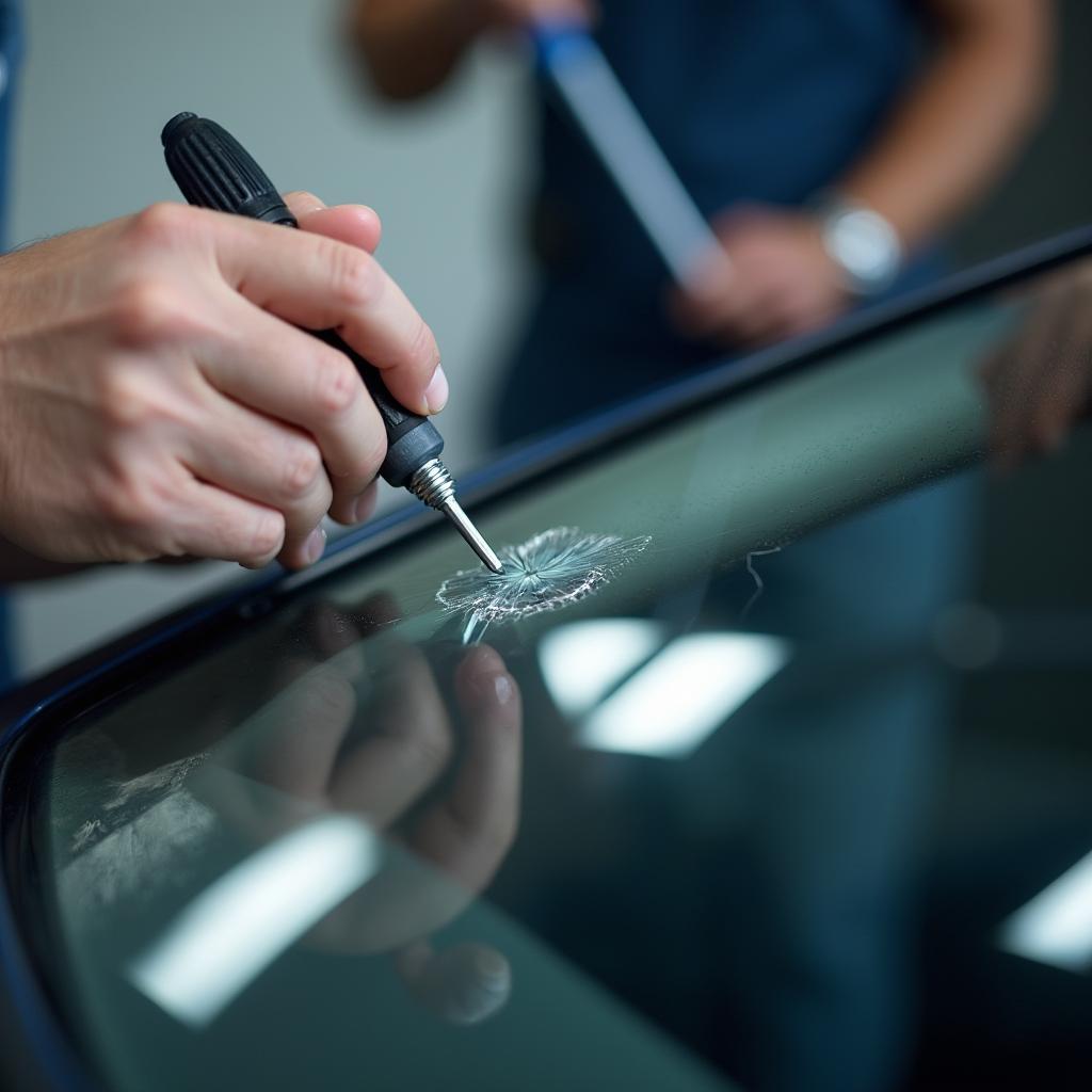 Close up of a car window chip being repaired