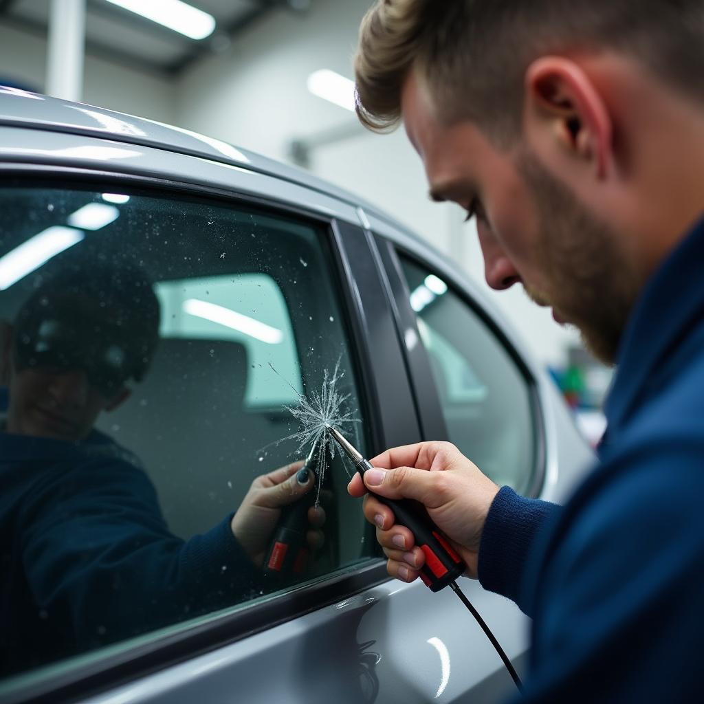 Technician repairing a car window chip in Hayward