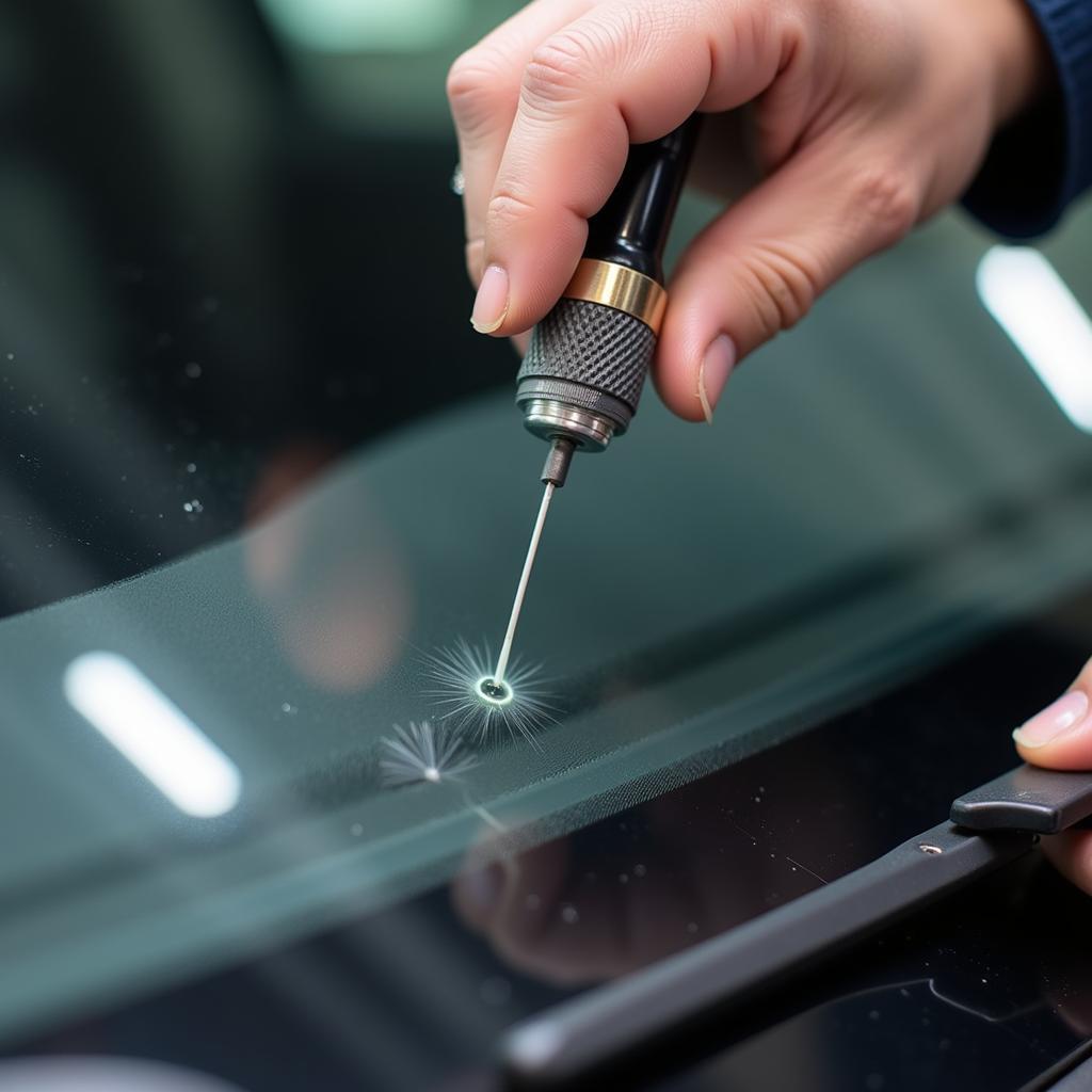 Close-up of a car window chip being repaired in Junction City, KS