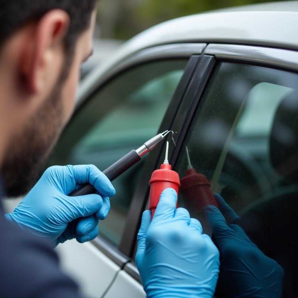 Technician repairing a car window chip in Oxnard