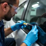 Technician repairing a car window chip