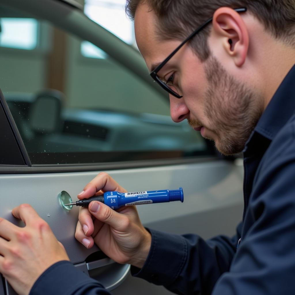 Close-up of a car window chip being repaired in Racine