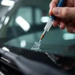 Close-up of a small chip in a car windshield being repaired with resin in Tonawanda NY