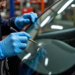 Close-up of a small chip in a car windshield being repaired with resin in Vienna, VA