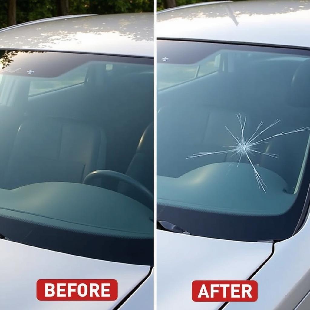 Before and after using a car window crack repair kit