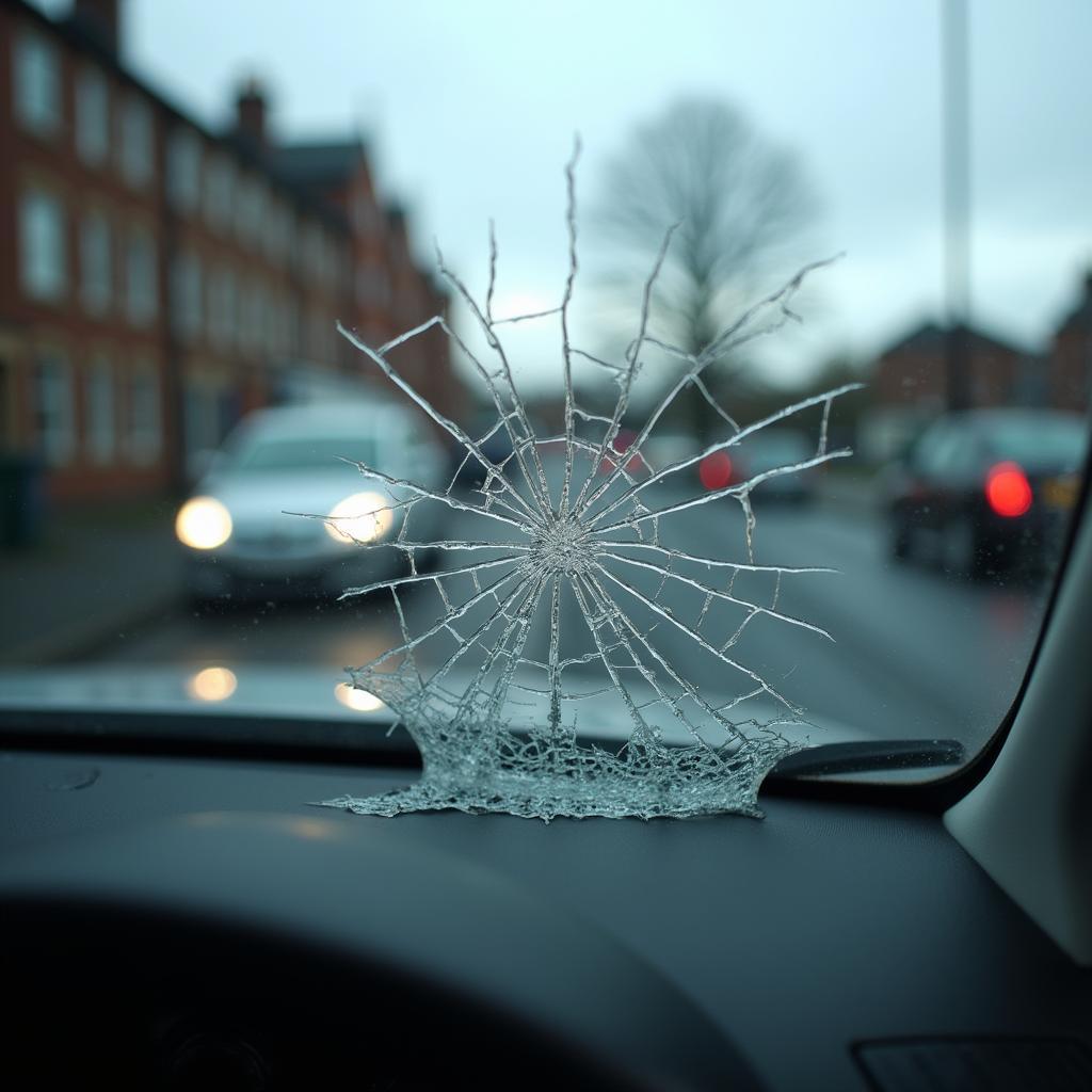 Close-up of a car window crack in Leeds