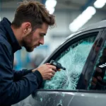 Close-up of a technician inspecting a damaged car window.