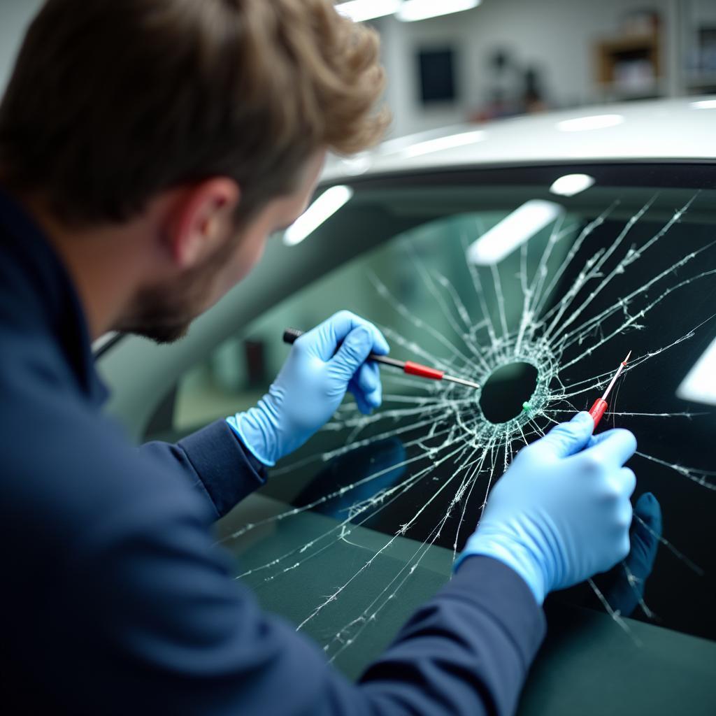 Close-up of a technician assessing car window damage in South Academy