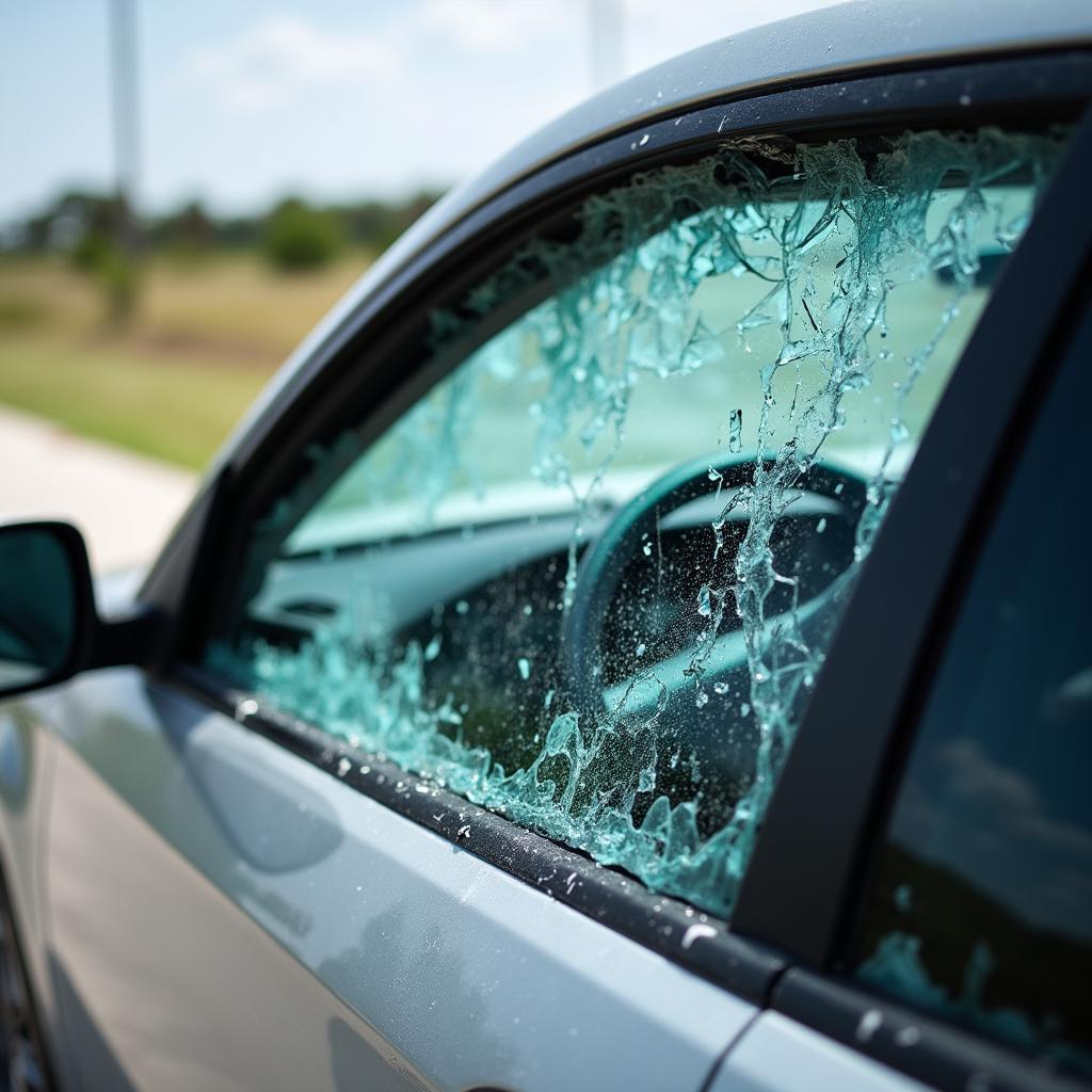 Car window with extensive damage in Galveston TX