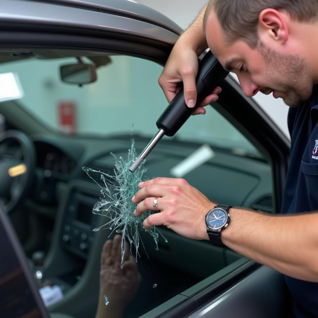 Inspecting car window damage in a Norristown, PA, auto glass repair shop