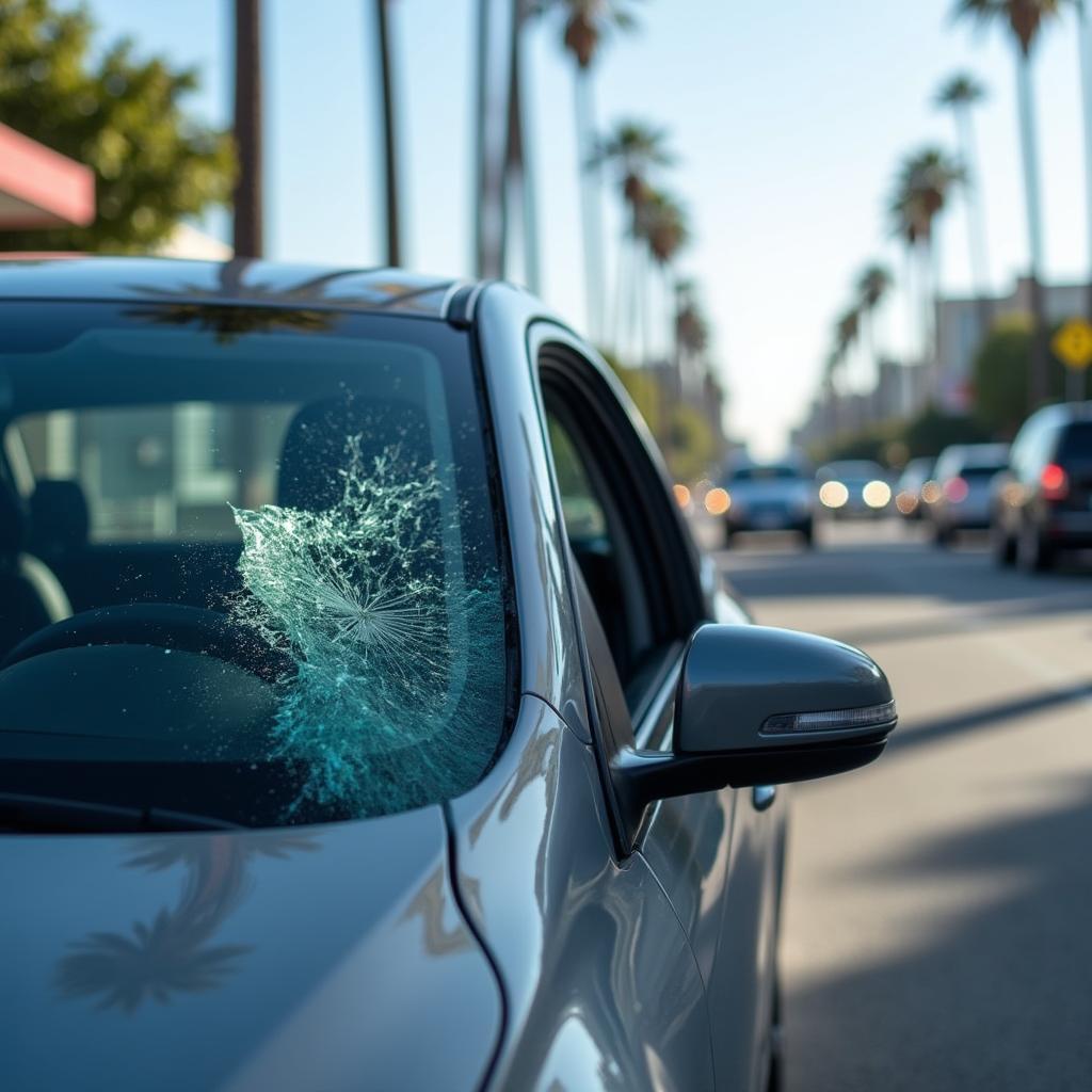 Car window with a large crack, parked on a Los Angeles street