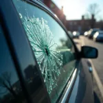 Car window damage in a parking lot