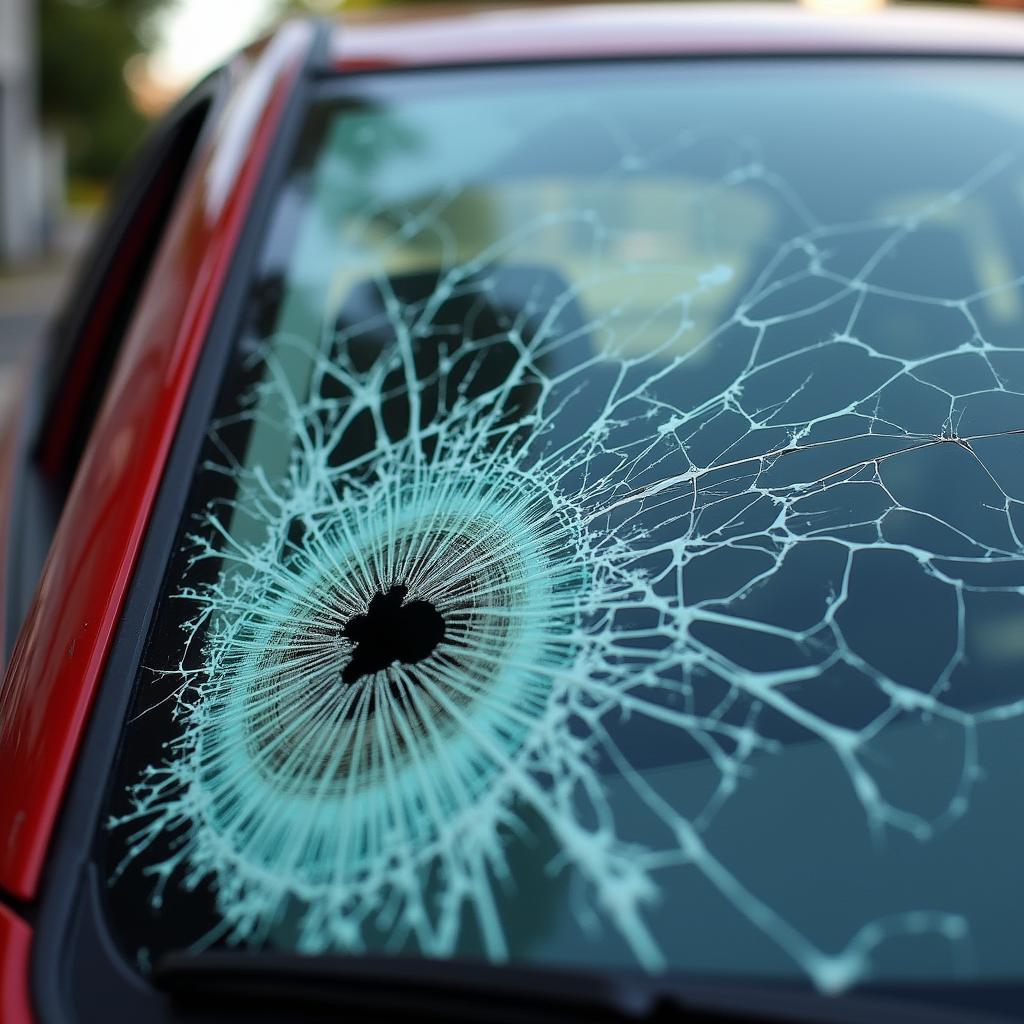 Car window with severe damage from impact in Pojoaque