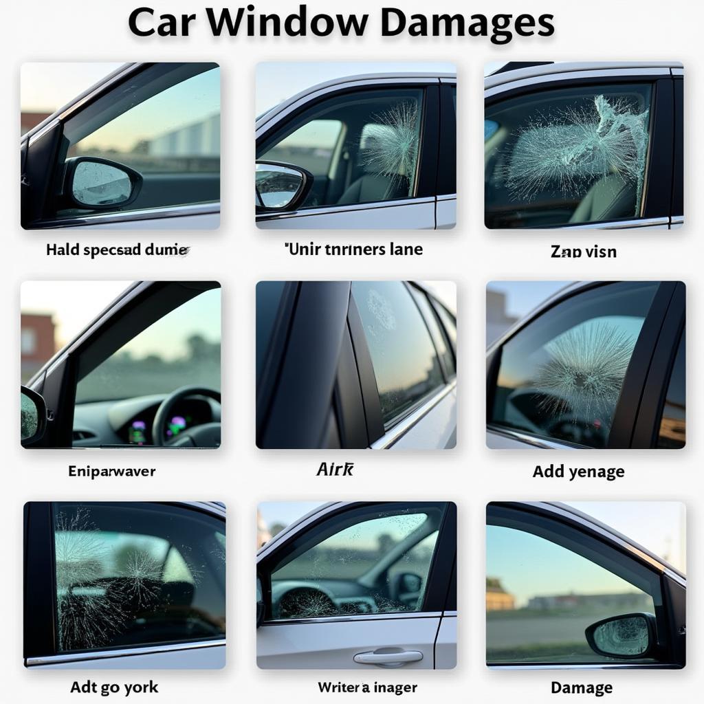 Different types of car window damage: chips, cracks, star breaks, bullseyes, and spider web cracks.