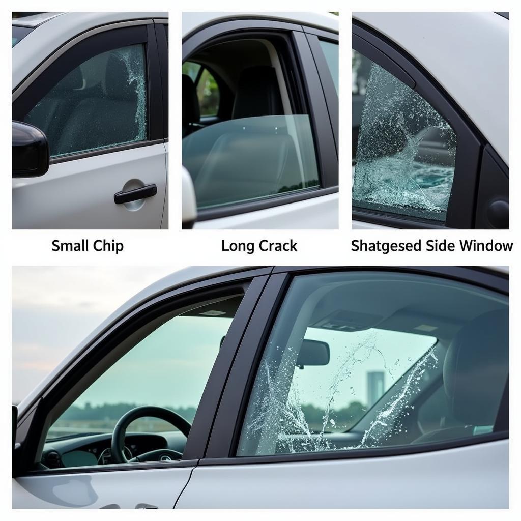 Various types of car window damage requiring repair