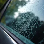 Close-up of a car window dent