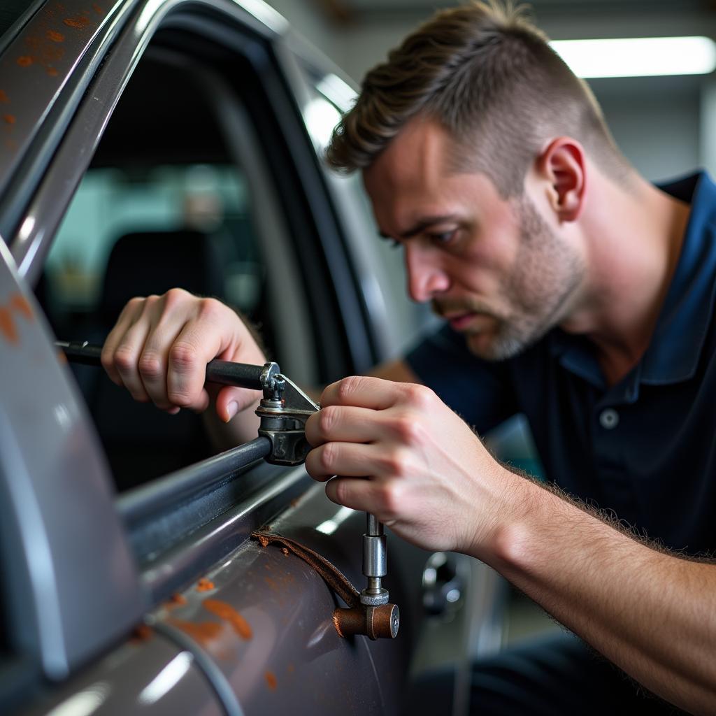 Professional Car Window Frame Repair Process in Progress