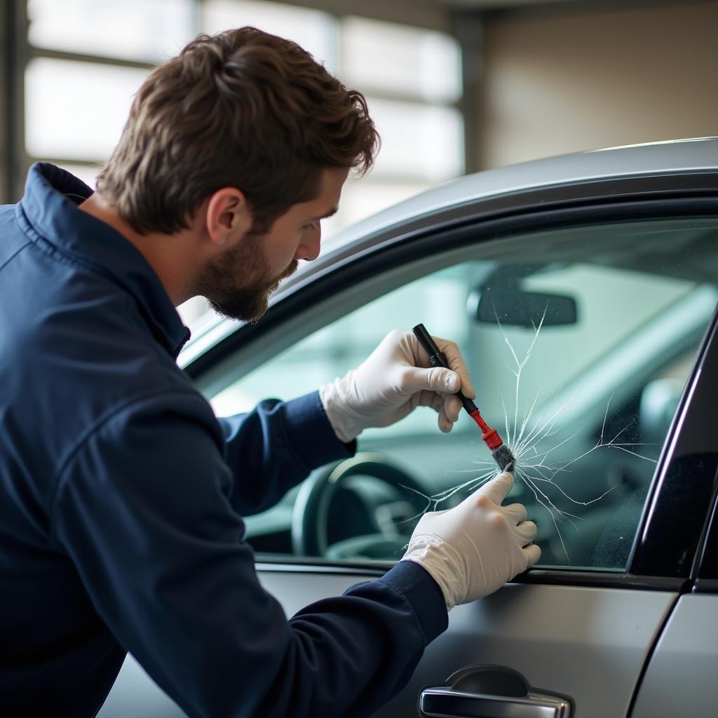 Car Window Glass Repair in Progress