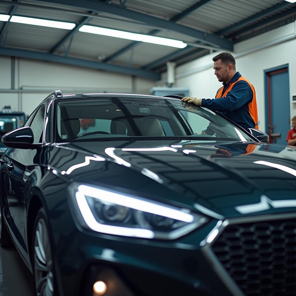 Car being repaired at a car window glass repair shop in Belfast