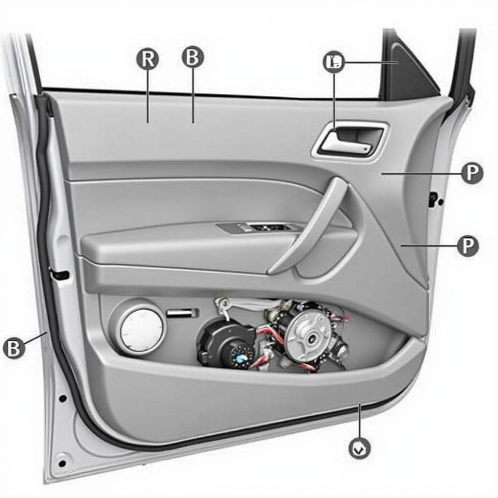 Inside a car door panel with the window motor and regulator exposed