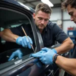 Close-up of a technician repairing a small chip in a car window in Ypsilanti, MI