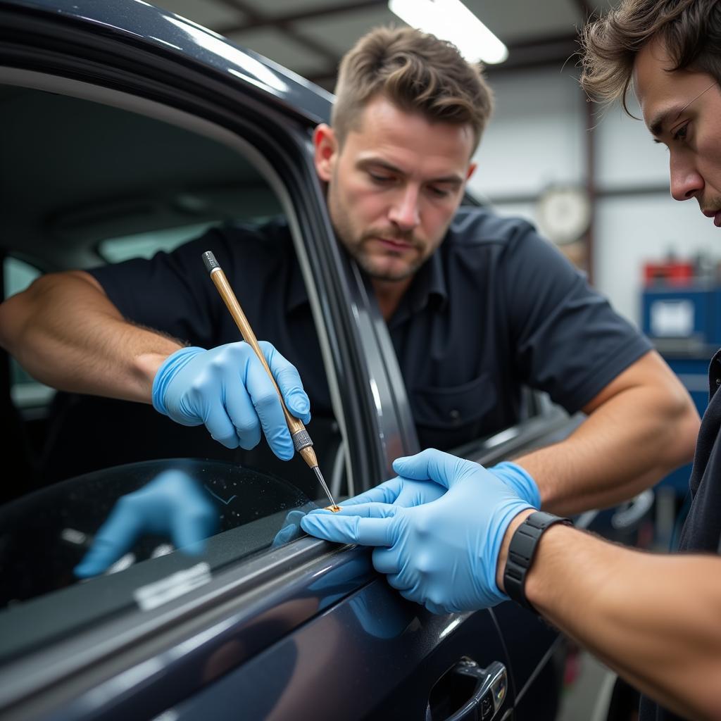 Close-up of a technician repairing a small chip in a car window in Ypsilanti, MI