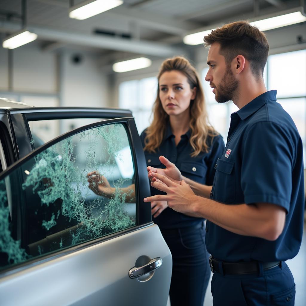 Consulting with a Car Window Repair Technician