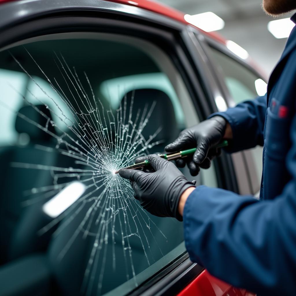 Car window repair in progress at a Fairfield, CA auto shop