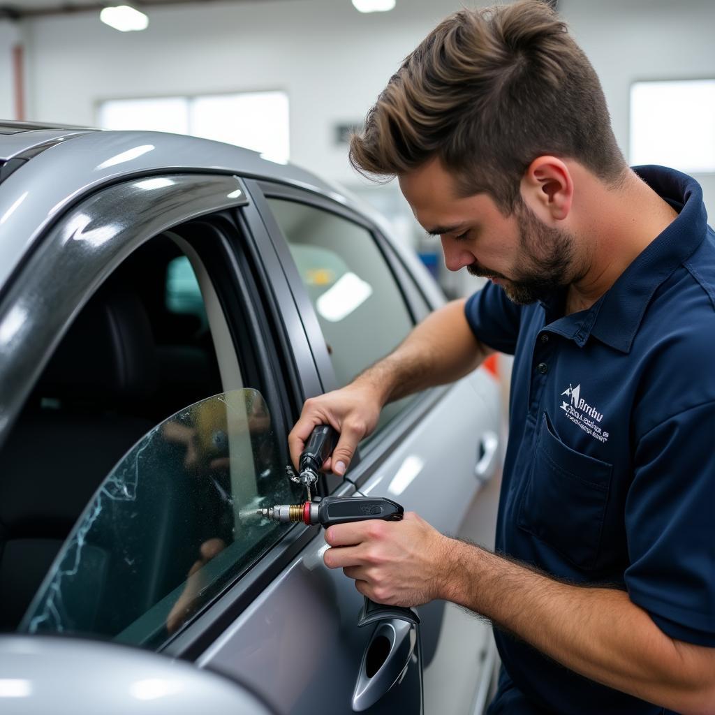 Skilled technician performing car window repair in Fort Myers