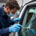 Technician Inspecting Car Window Damage in Freeport, Bahamas