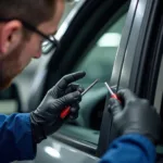 Technician inspecting car window damage in Fremont