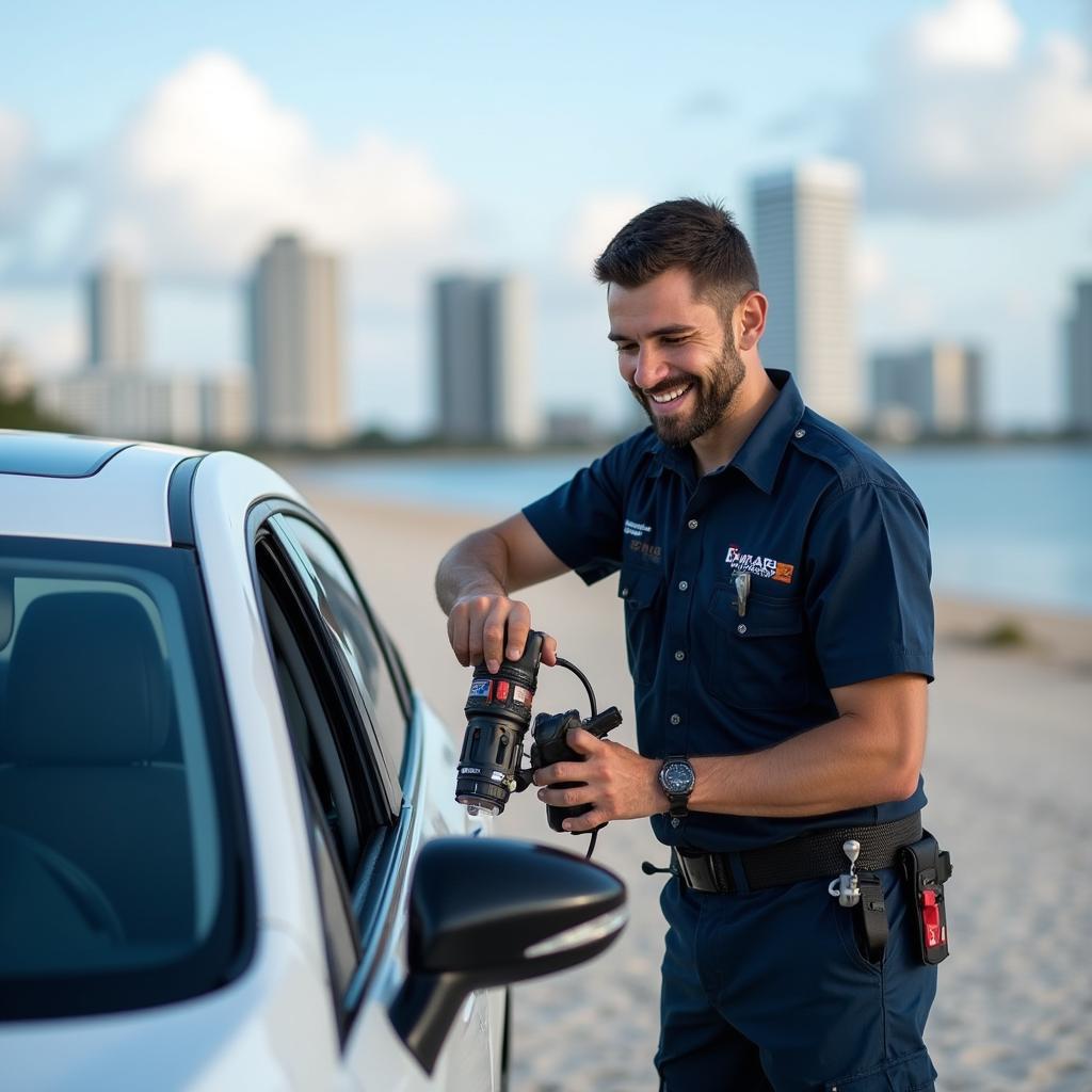 Car window repair technician providing mobile service in Miami Beach