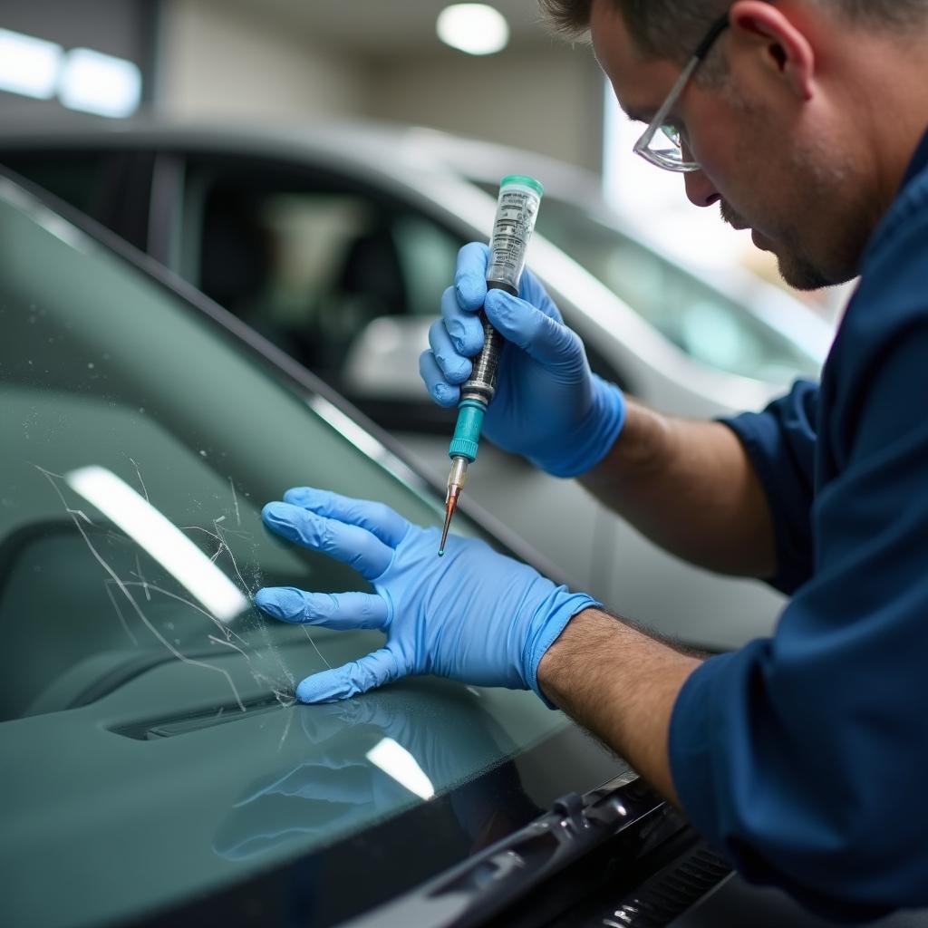 Technician repairing a cracked car window in Henderson