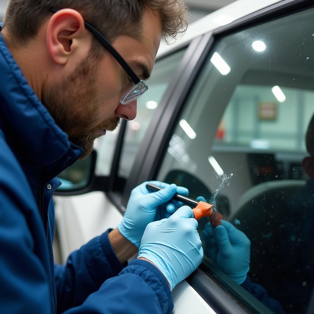 Technician repairing a car window chip