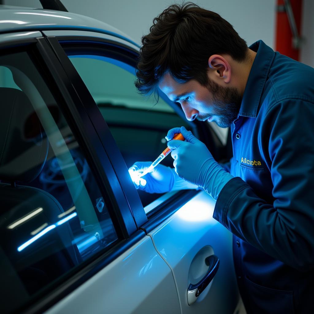 Car window repair process in progress