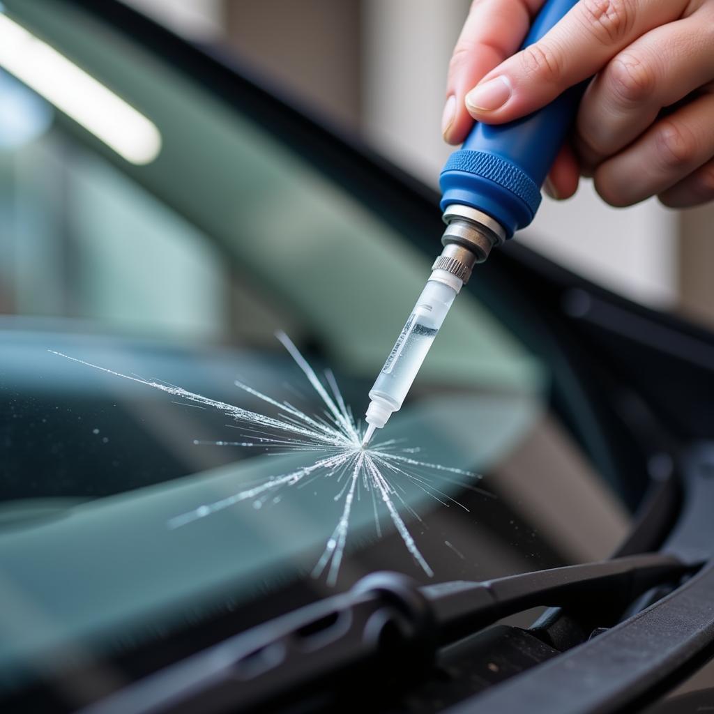 Car Window Repair Process: Injecting Resin into a Crack