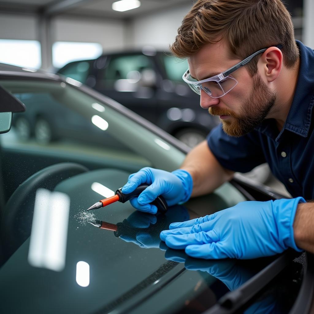 Car Window Repair Process: Technician Repairing a Windshield