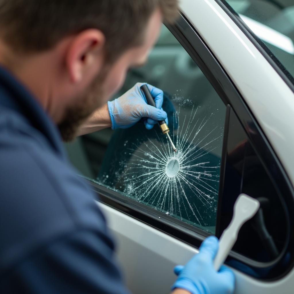 Technician repairing a car window in Eau Claire, WI