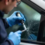 Technician injecting resin into a car window crack