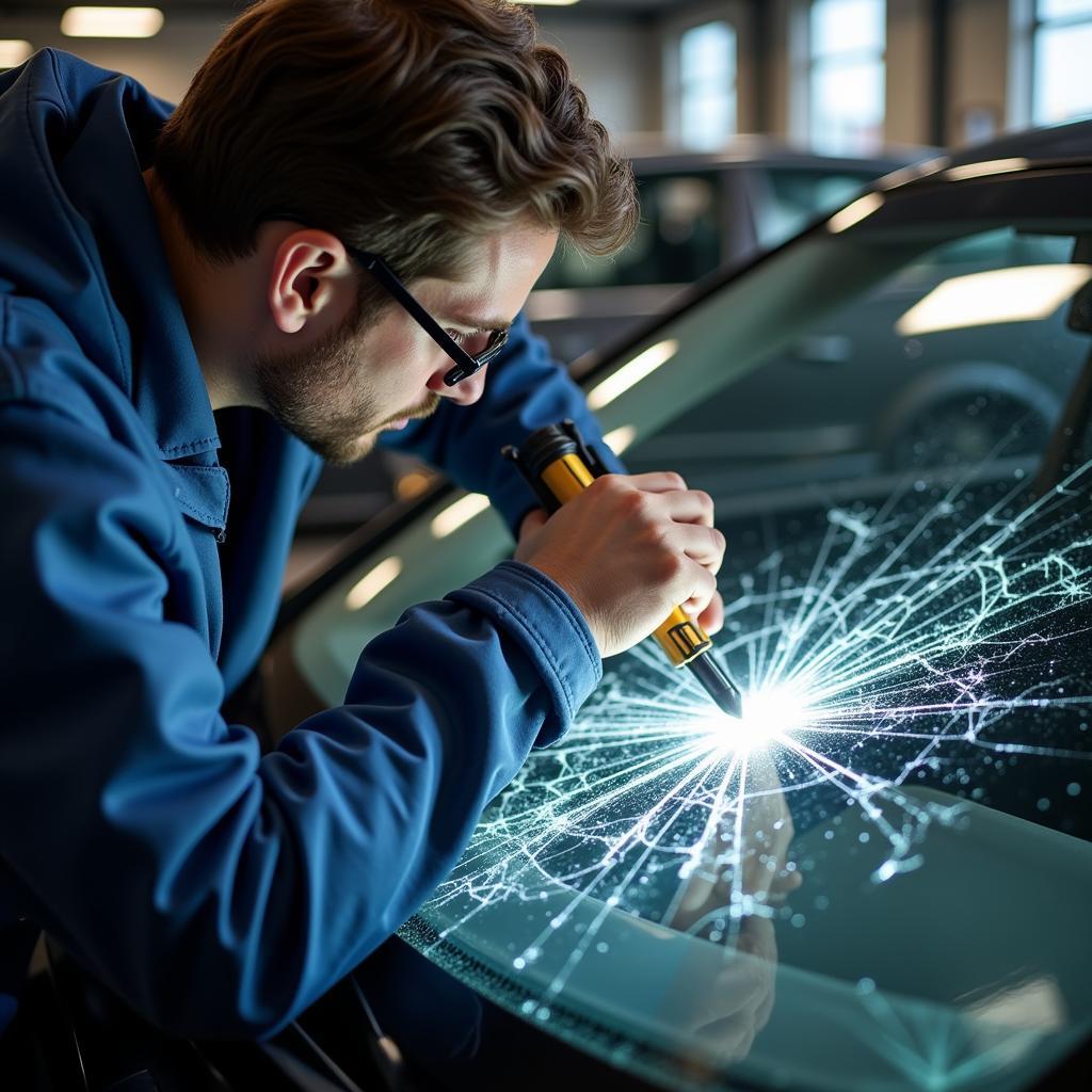 Raleigh car window repair technician examining a cracked windshield