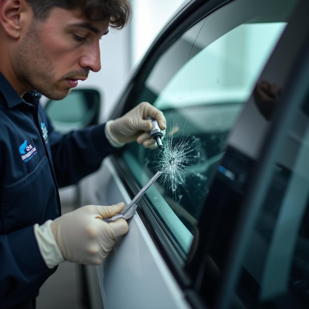 Technician applying resin to a chipped car window in Fairfield, CA