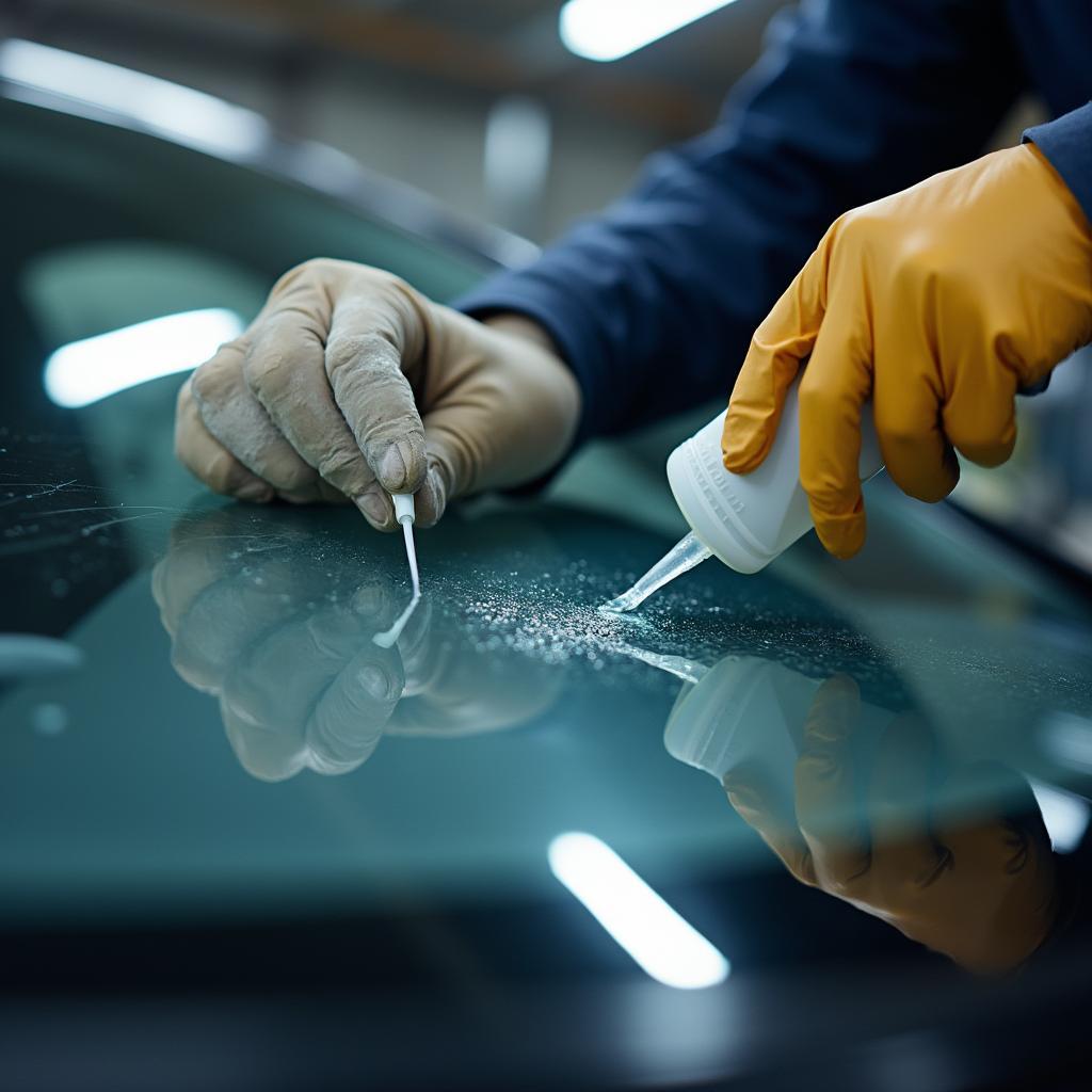 Technician applying car window repair resin to a damaged windshield in Marietta, GA