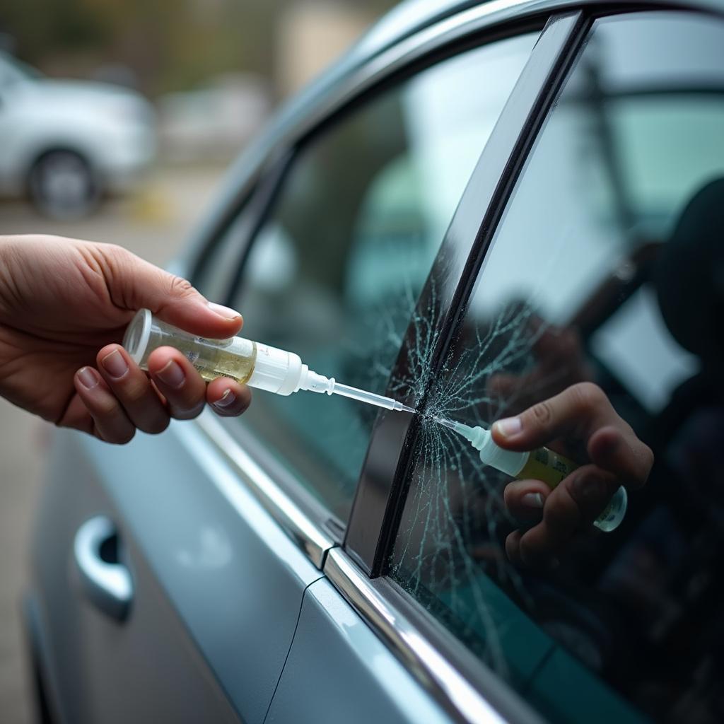 Technician injecting resin into a damaged car window