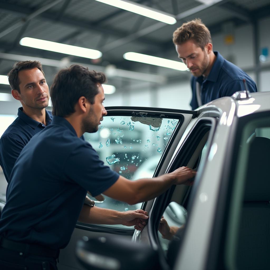 Skilled Technicians Repairing Car Window