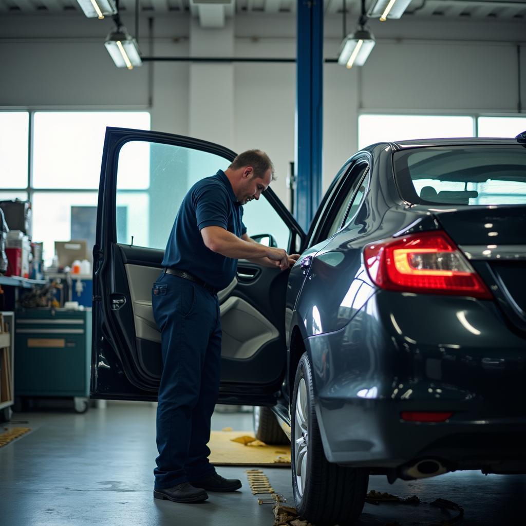 Car being prepped for a window replacement in a specialized shop