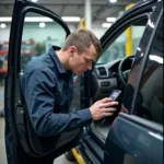 Mechanic diagnosing power window issue in a repair shop