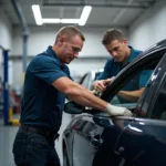 Technicians working on replacing a car window in a professional repair shop in Carson City