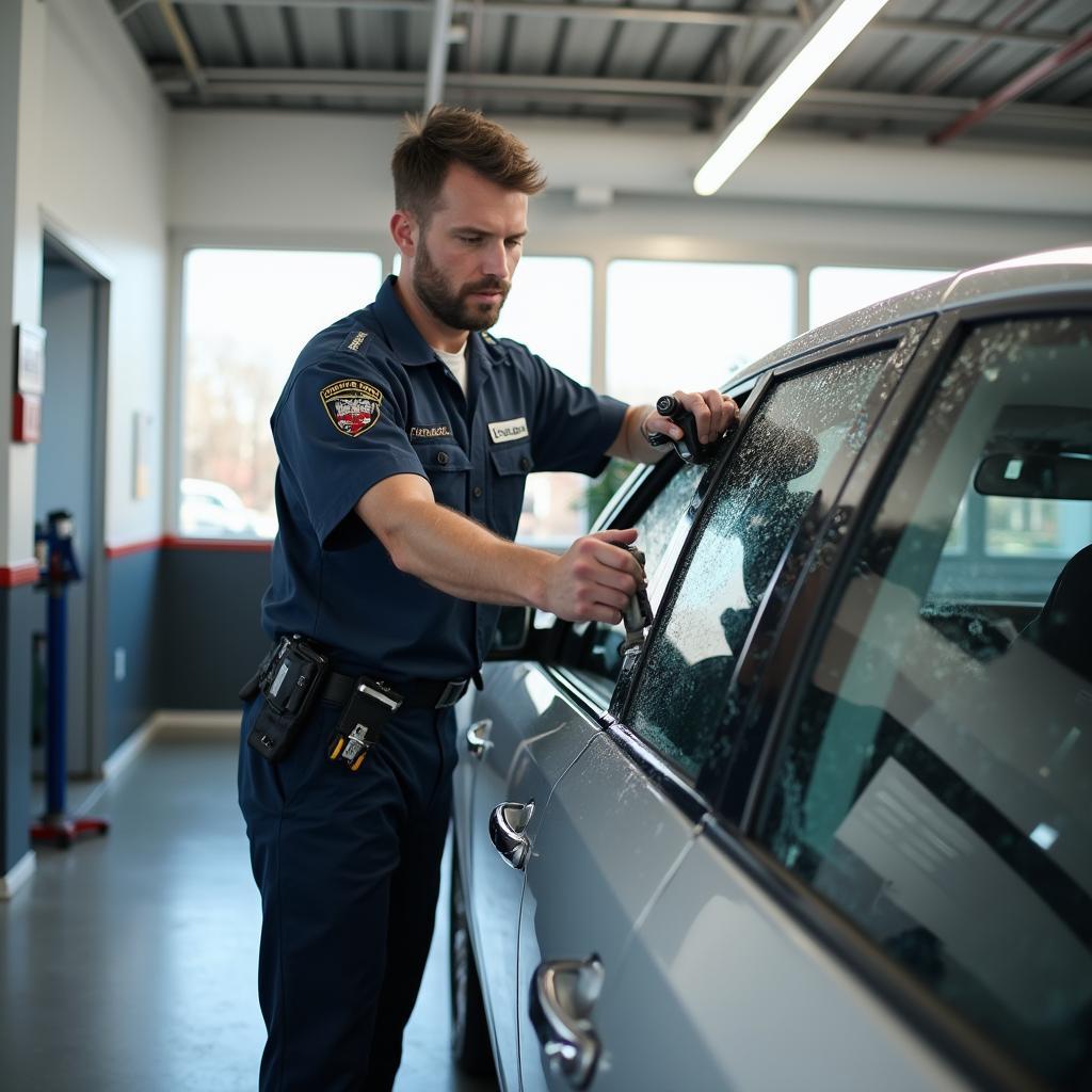 Professional car window repair technician working in a shop in John's Creek