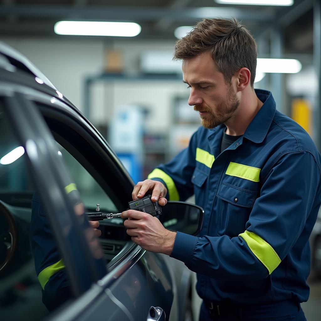 Technician assessing car window damage at a repair shop in Lancaster, SC